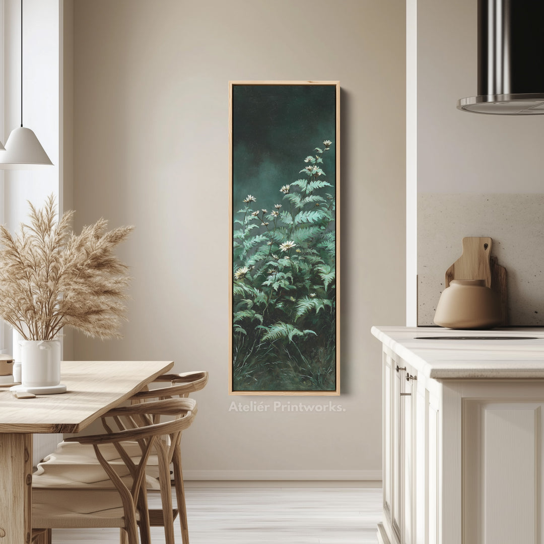 Toile encadrée verticale vert foncé – Accent mural fin de fleurs sauvages