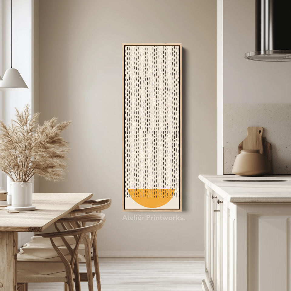 Minimalistische oranje halve cirkel verticale ingelijste canvas wanddecoratie voor hal of slaapkamer