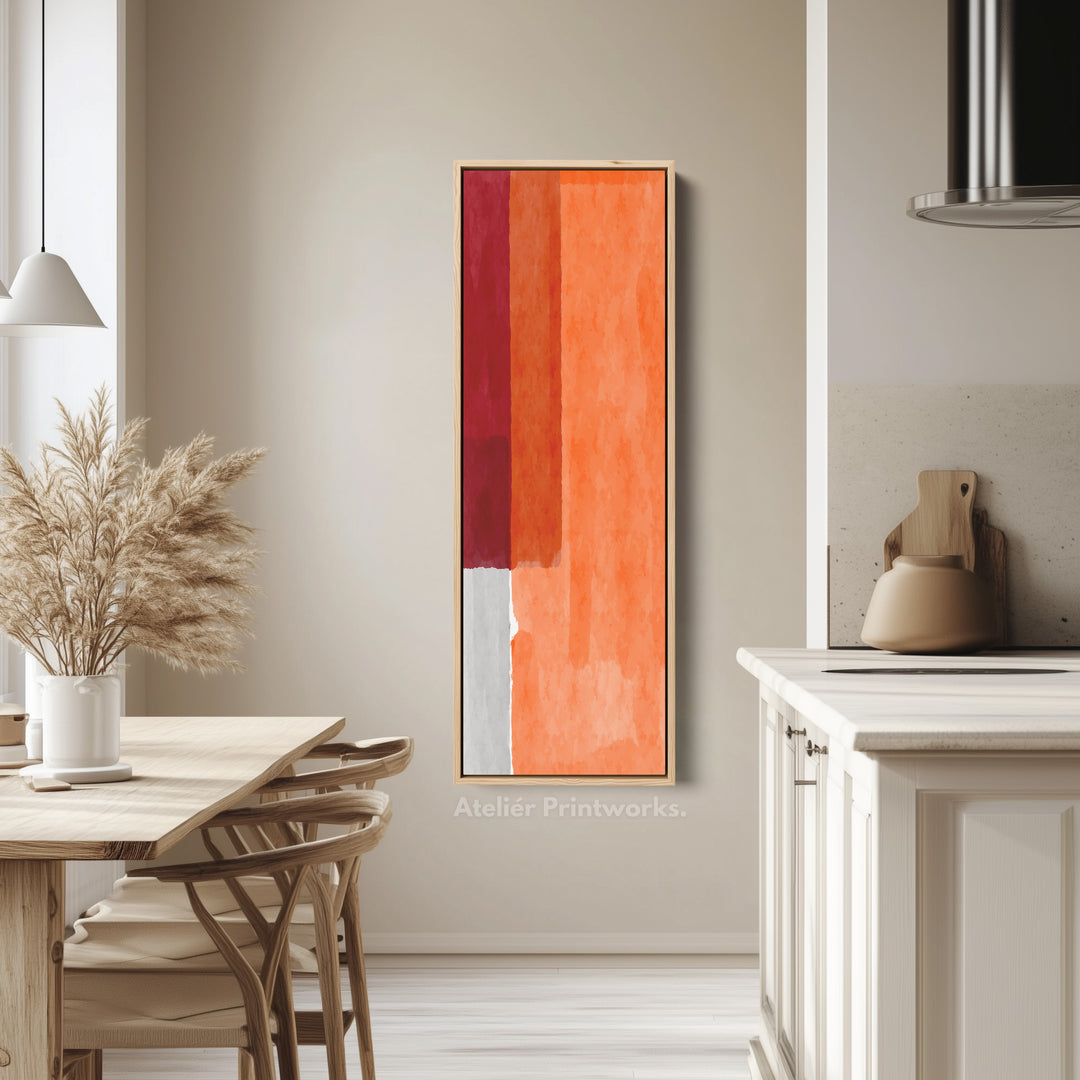 Toile encadrée verticale abstraite avec blocs rouges et orange pour salon ou chambre à coucher