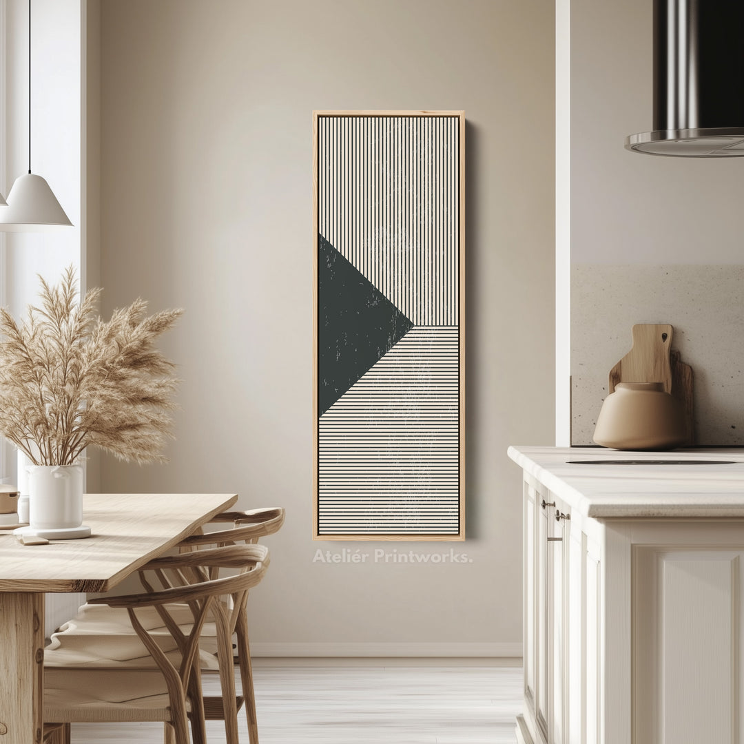 Minimalist Black and Beige Stripes Vertical Framed Canvas Wall Art for Hallway or Office