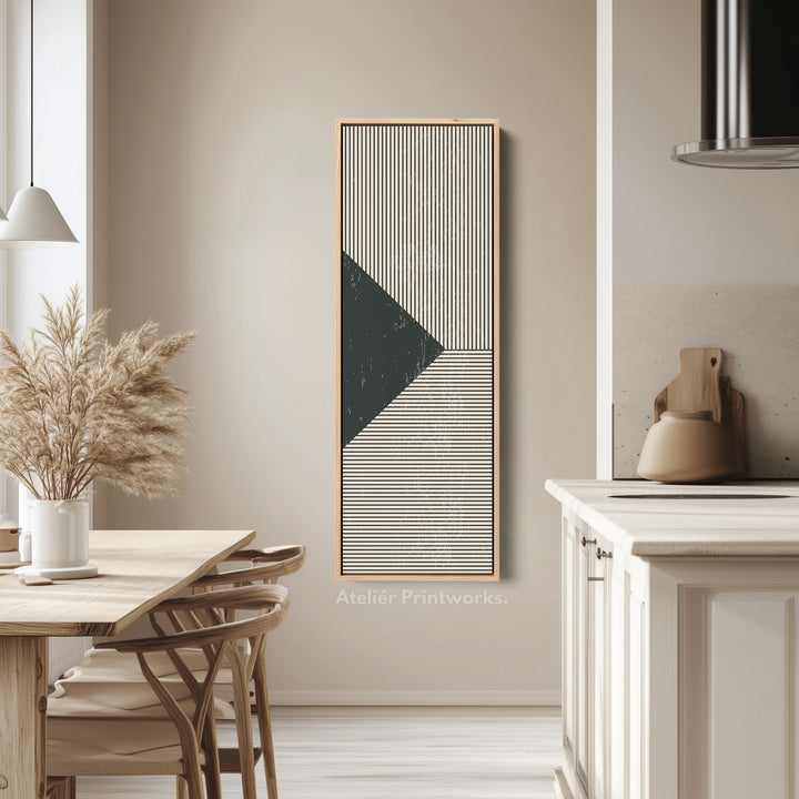 Minimalist Black and Beige Stripes Vertical Framed Canvas Wall Art for Hallway or Office