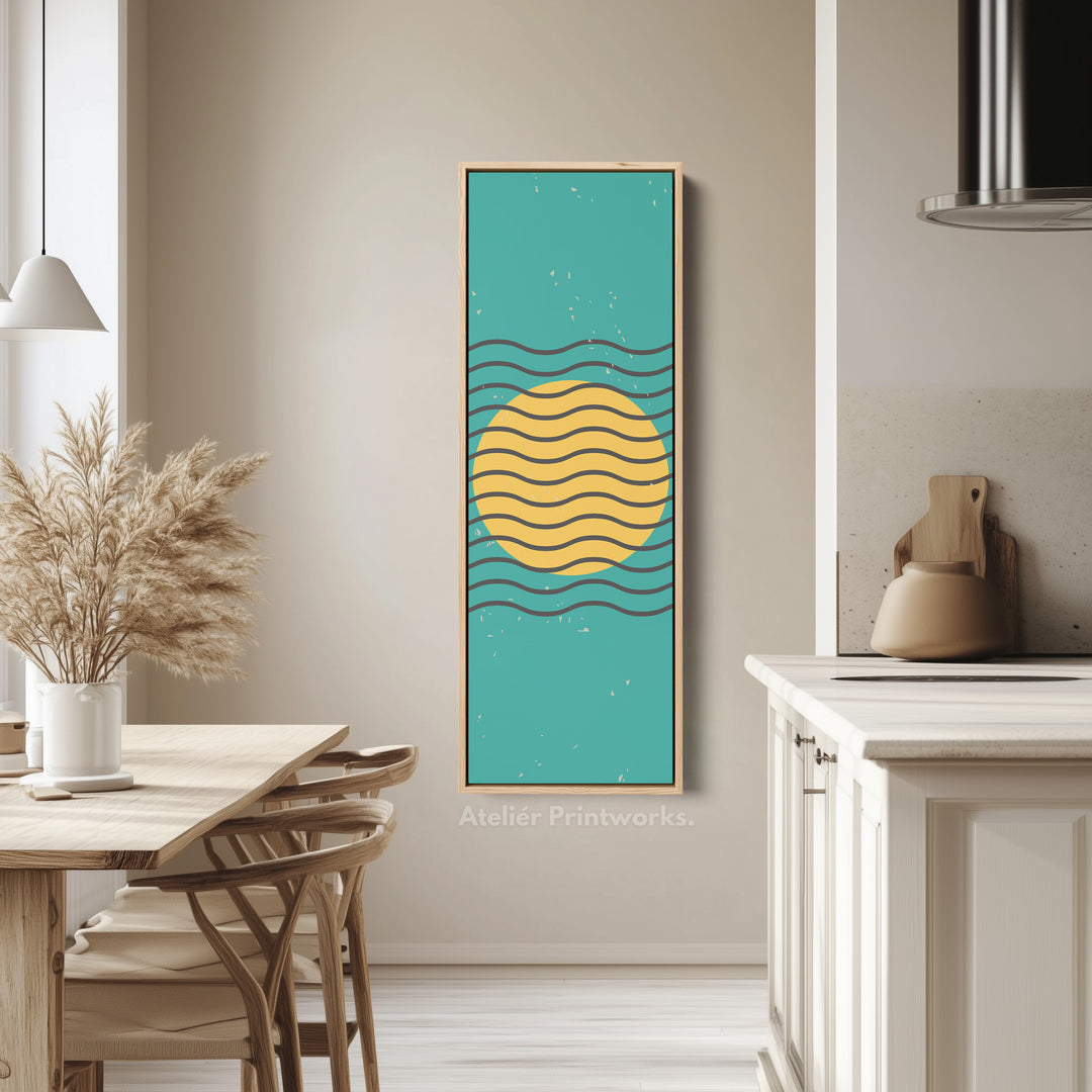 Teal and Yellow Minimalist Sun Vertical Framed Canvas Wall Art for Hallway or Bedroom
