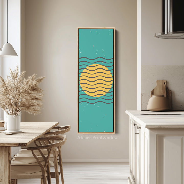 Teal and Yellow Minimalist Sun Vertical Framed Canvas Wall Art for Hallway or Bedroom