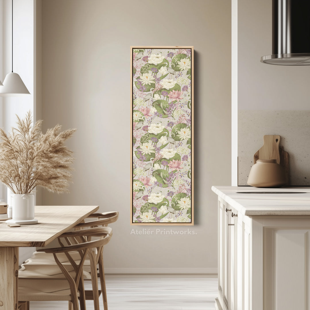 Vertical Framed Canvas Botanical Lotus Narrow Wall Art For Bedroom