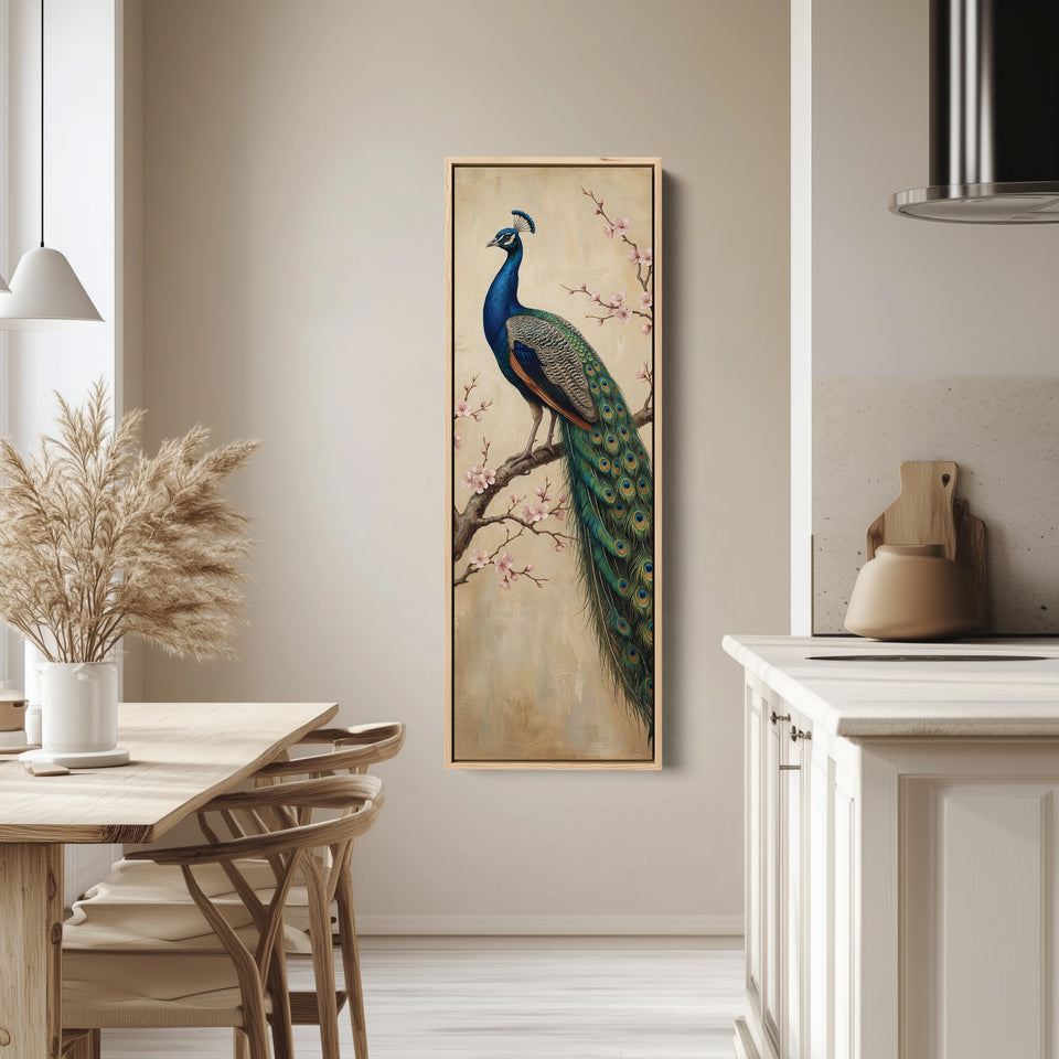 Peacock On Branch Large Wall Art Framed Canvas Print Office