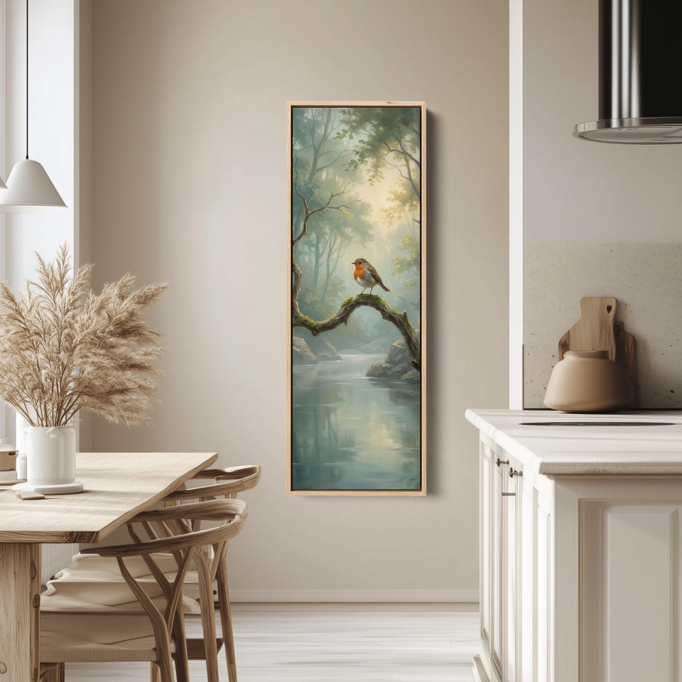 Robin On Branch Long Wall Art Vertical Canvas Print Hallway