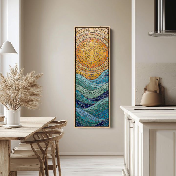 Mosaic Sun Over Sea Wide Framed Canvas Statement Wall Decor Office