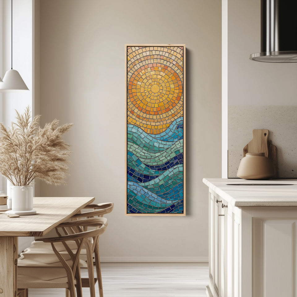 Mosaic Sun Over Sea Wide Framed Canvas Statement Wall Decor Office