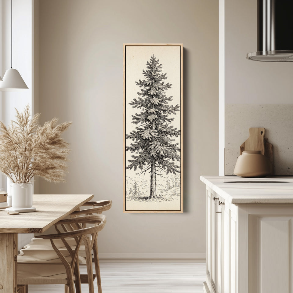Vintage Pine Illustration Vertical Wall Art Wide Canvas Office