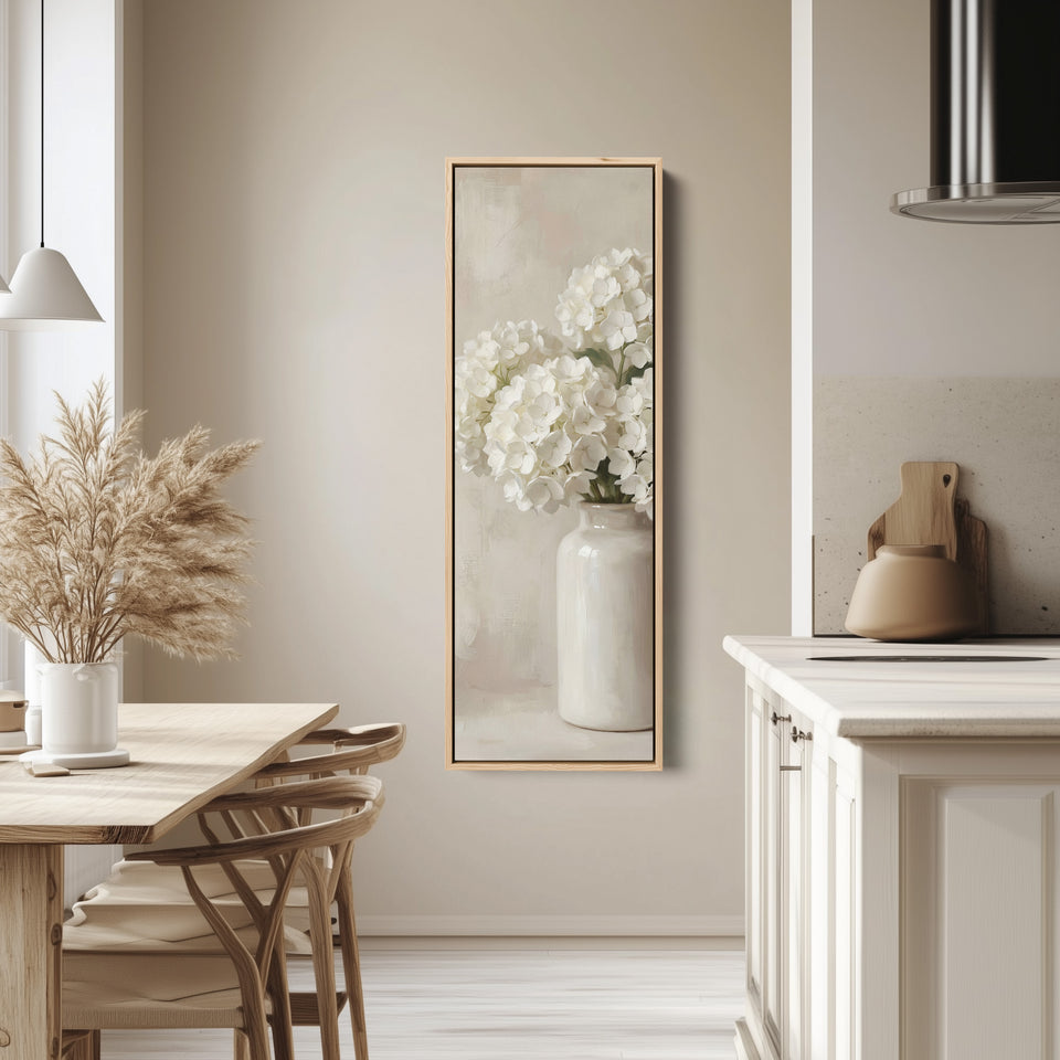 White Hydrangea Tall Wall Art Neutral Canvas Bedroom