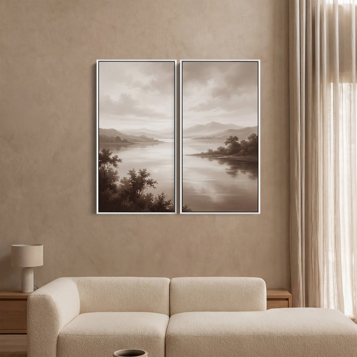 Oversized Diptych Wall Art Misty Lake Mountains for Bedroom Neutral Nature