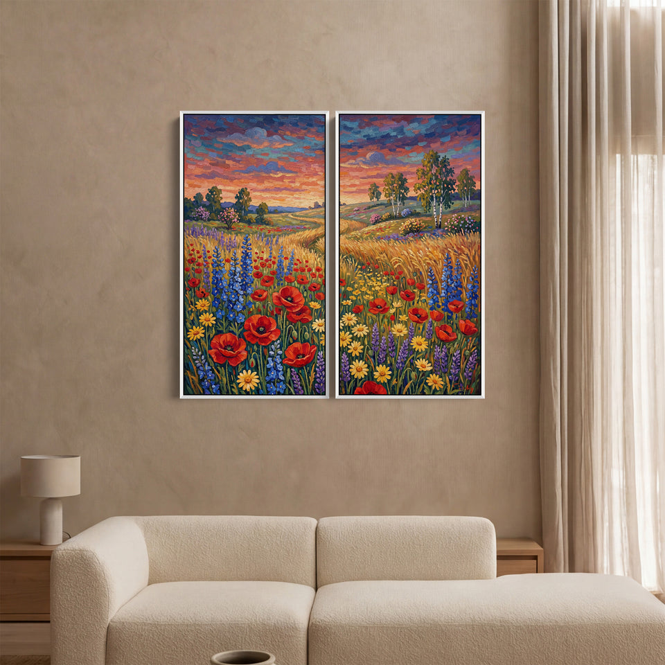 Set Of 2 Wall Art Colourful Wildflower Meadow for Dining Room Sunset Path