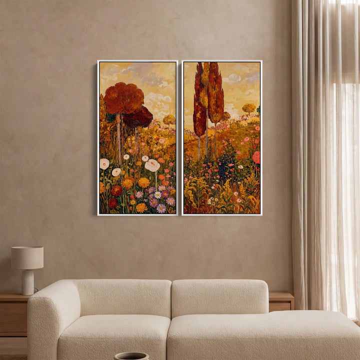 Golden Floral Landscape 2 Piece Wall Art Set for Hallway Countryside Scene