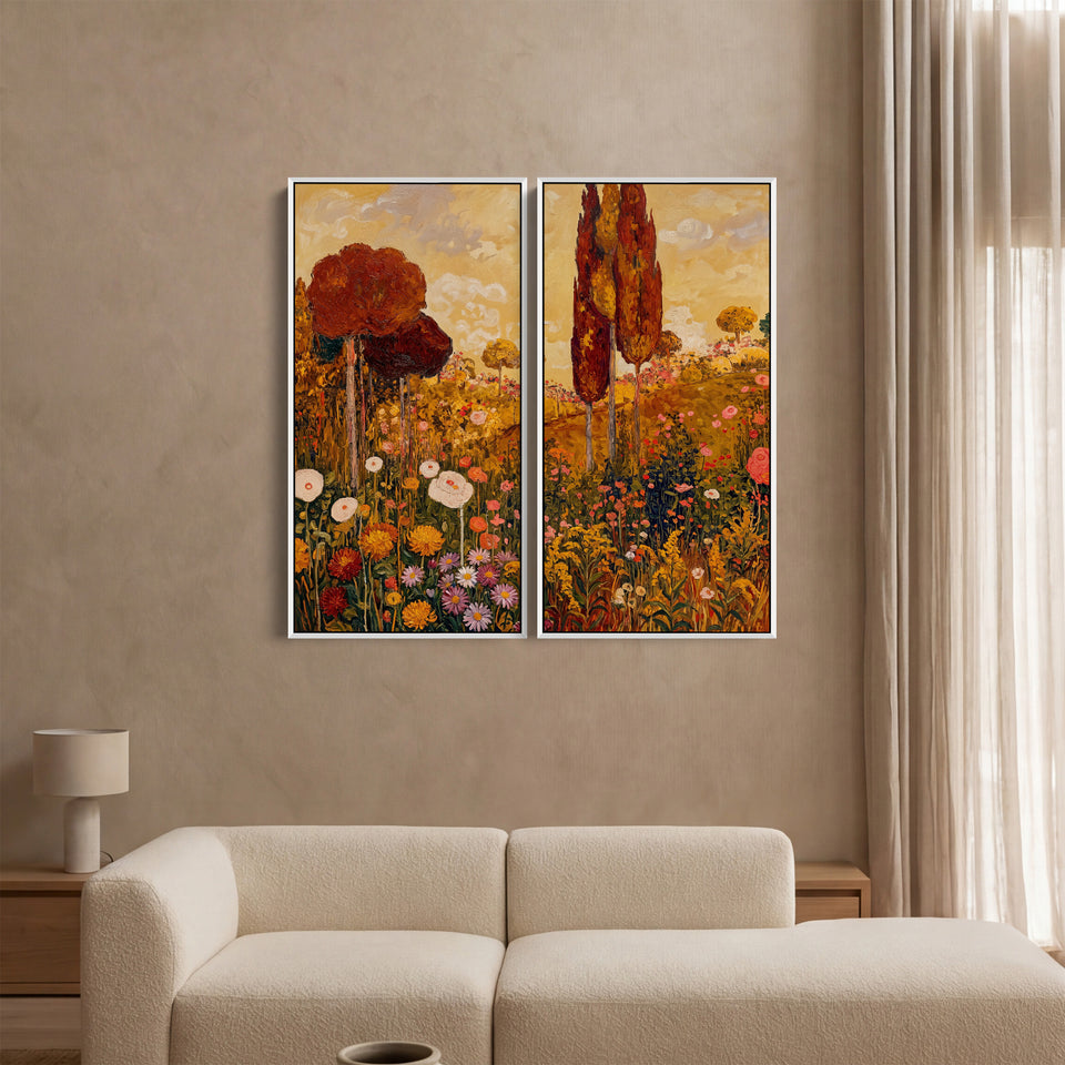 Golden Floral Landscape 2 Piece Wall Art Set for Hallway Countryside Scene