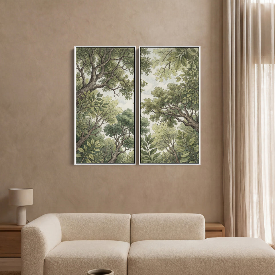 Vertical Diptych Wall Art Woodland Canopy Drawing for Bedroom Green Trees
