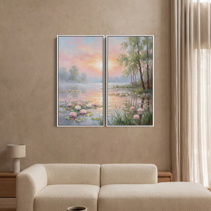 Oversized Canvas Wall Art Set Pastel Water Lilies for Bedroom Lake Scene