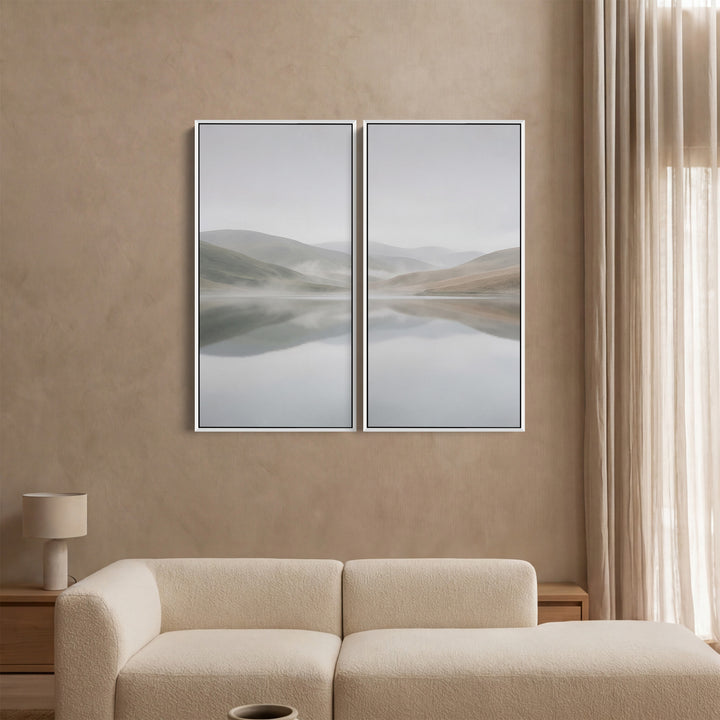 Large Scale Wall Art Set Misty Lake Hills for Living Room Minimal Landscape