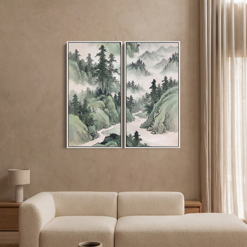 Misty Mountain River Diptych Wall Art for Living Room Forest Landscape