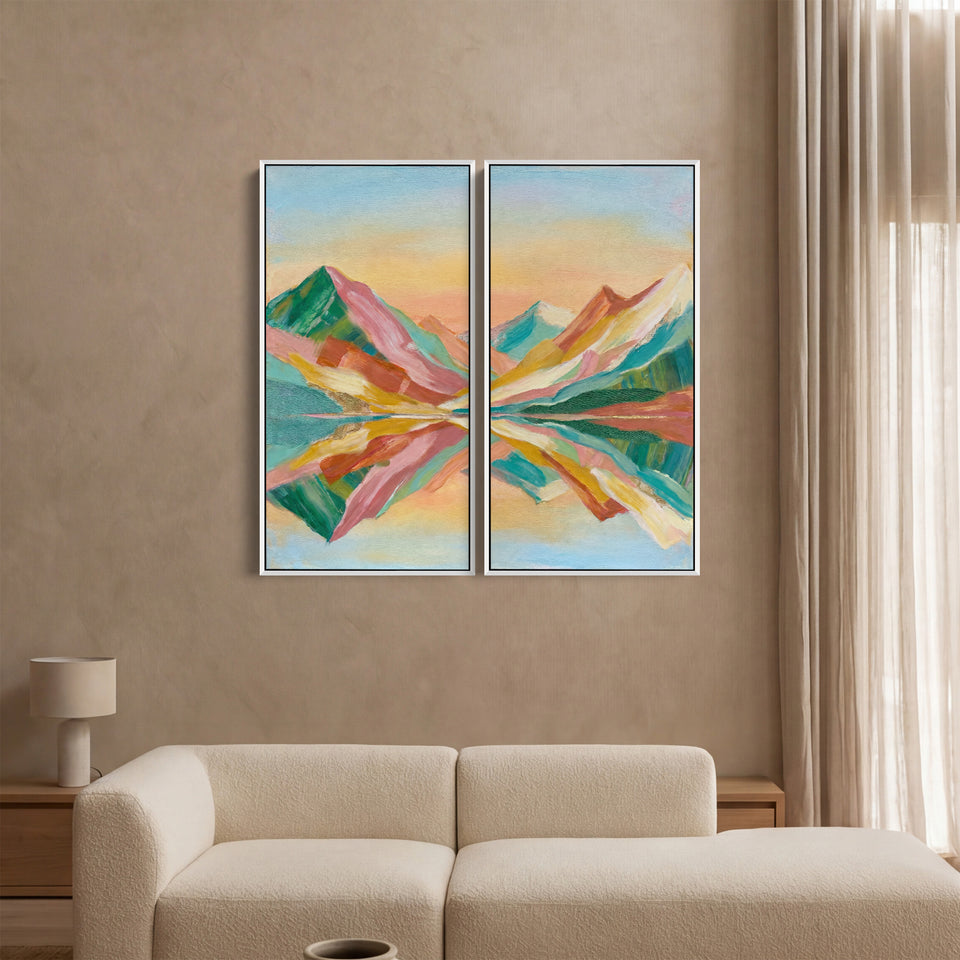 Colourful Peaks Oversized Diptych Wall Art Bedroom Mountain Lake Reflection