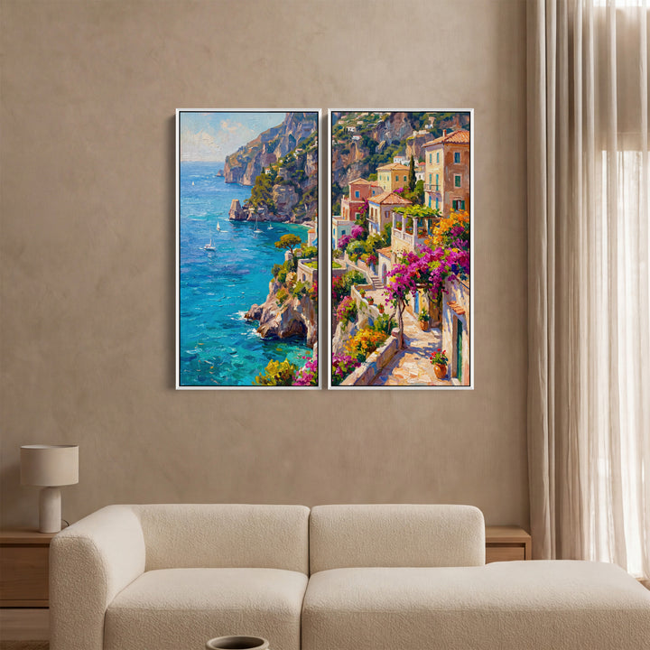 Set Of 2 Wall Art Mediterranean Coastal Village for Dining Room