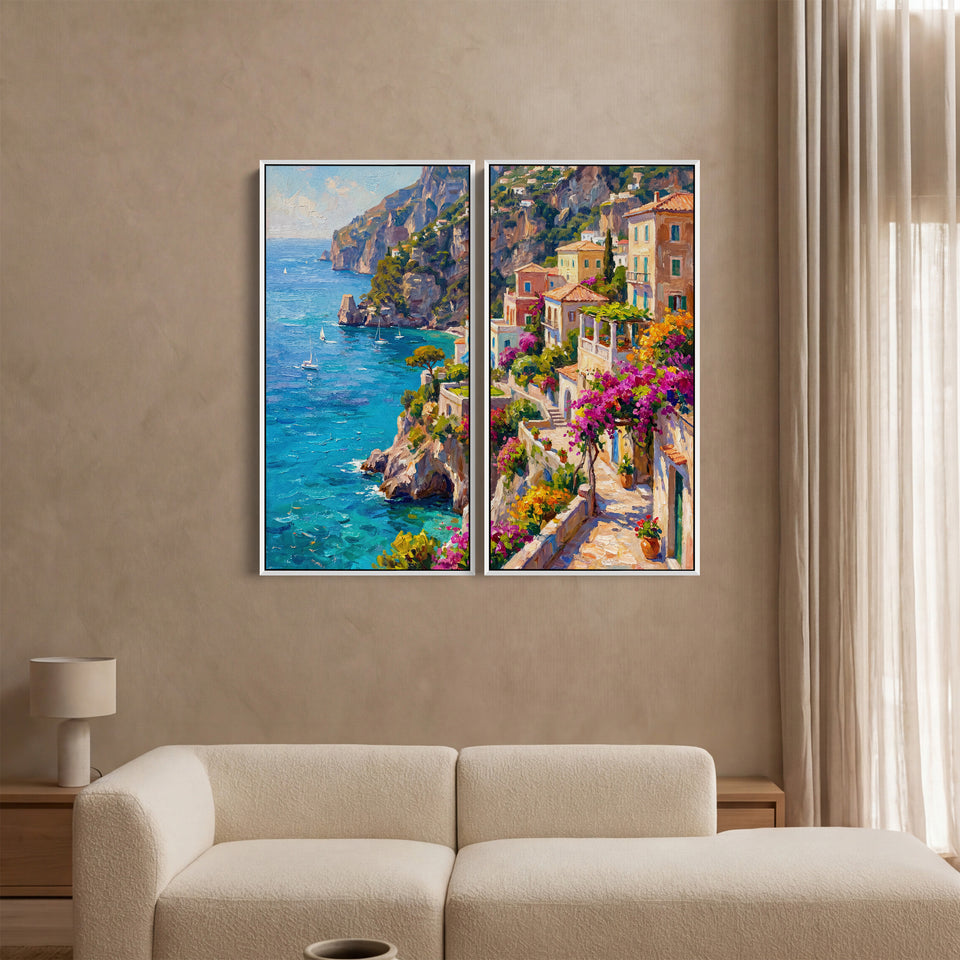 Set Of 2 Wall Art Mediterranean Coastal Village for Dining Room