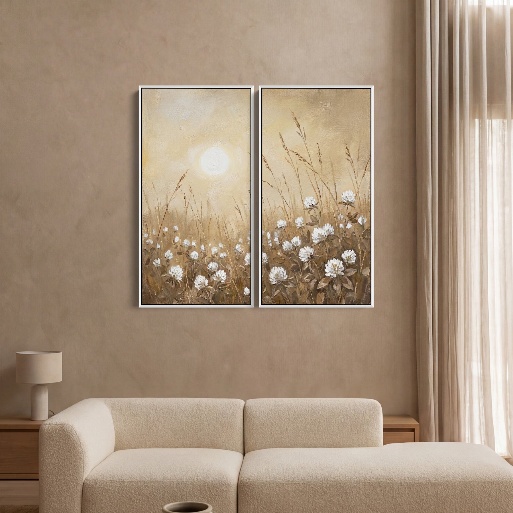 Golden Meadow Two Panel Wall Art Bedroom Wildflower Sunrise