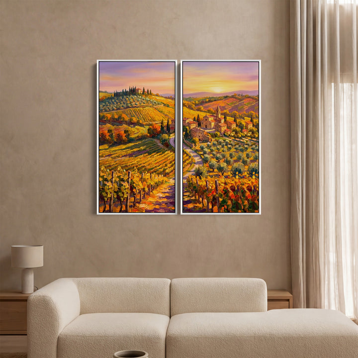 Vertical Diptych Wall Art Quiet Vineyard Village Hallway Landscape