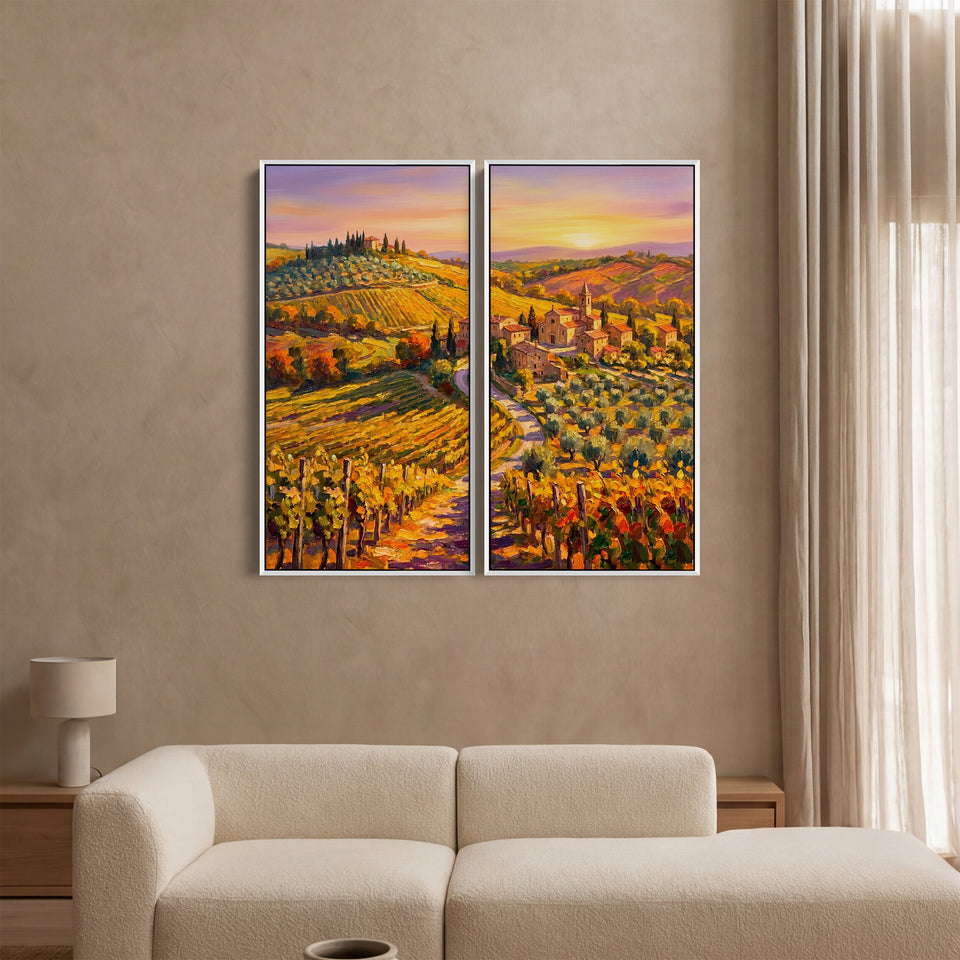 Vertical Diptych Wall Art Quiet Vineyard Village Hallway Landscape