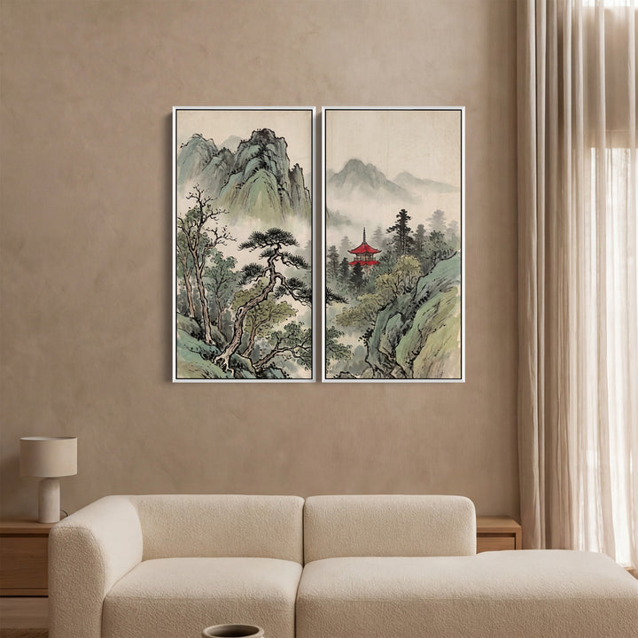 Misty Temple Diptych Wall Art Living Room Japanese Mountains