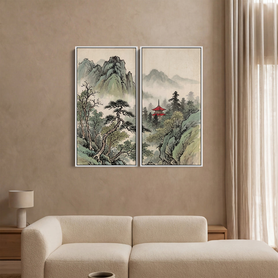 Misty Temple Diptych Wall Art Living Room Japanese Mountains