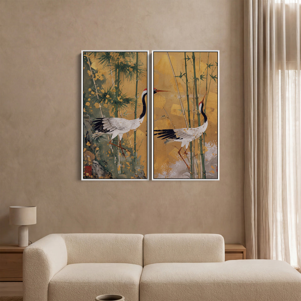 Golden Cranes Oversized Diptych Wall Art Dining Room Bamboo