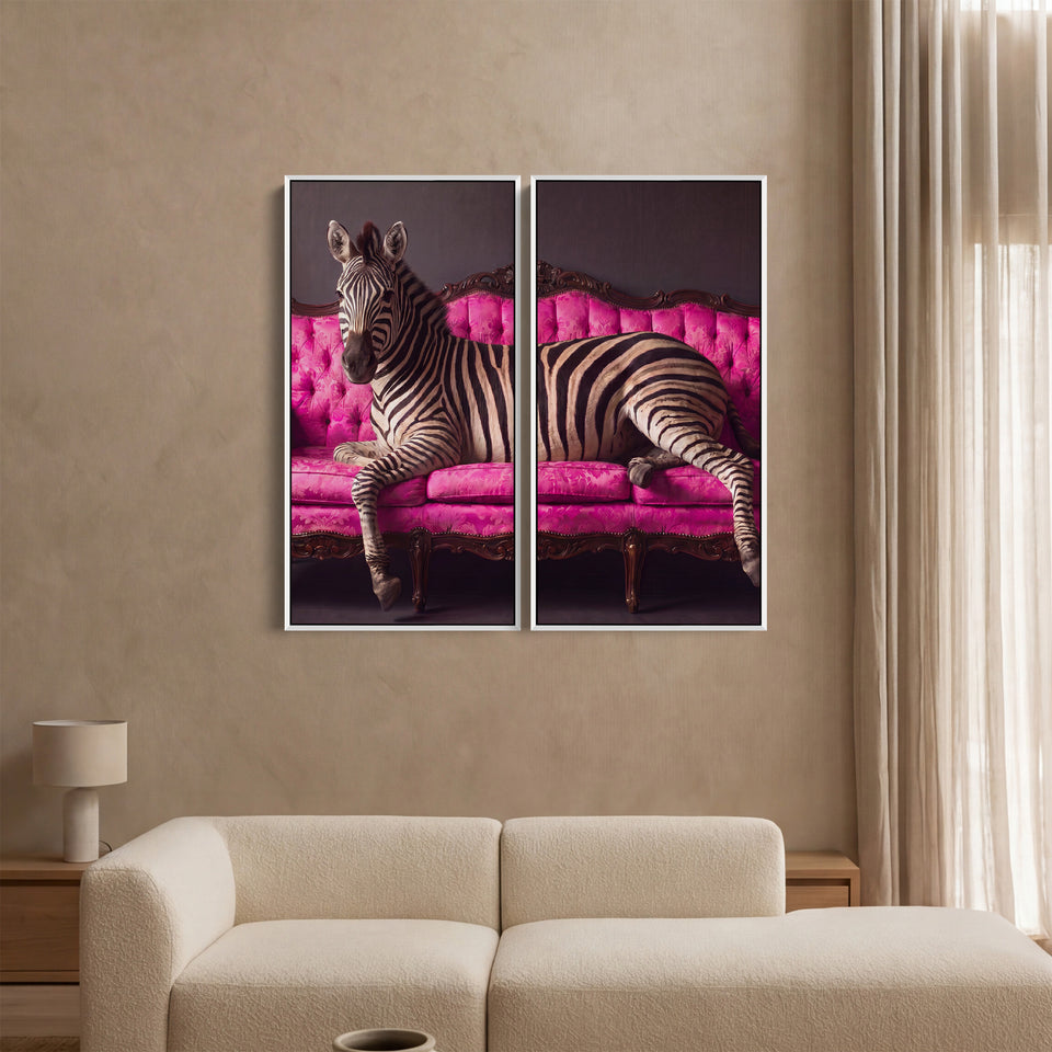 Zebra On Pink Sofa 2 Piece Wall Art Set Living Room