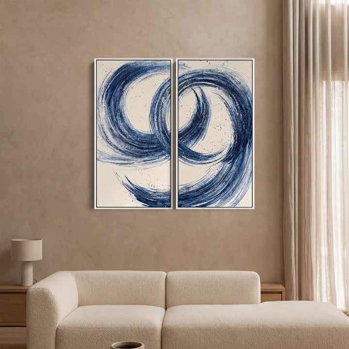 Oversized Diptych Wall Art Abstract Blue Brushstrokes Office