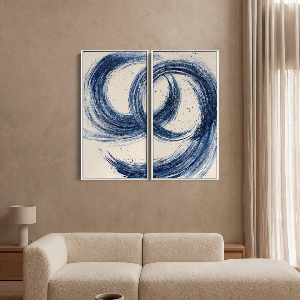 Oversized Diptych Wall Art Abstract Blue Brushstrokes Office