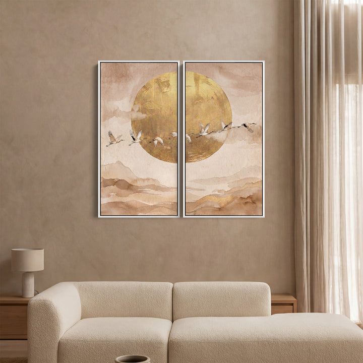 Set Of 2 Wall Art Flying Cranes Dining Room Golden Sun