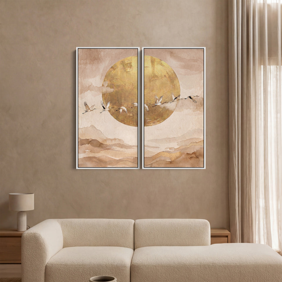 Set Of 2 Wall Art Flying Cranes Dining Room Golden Sun