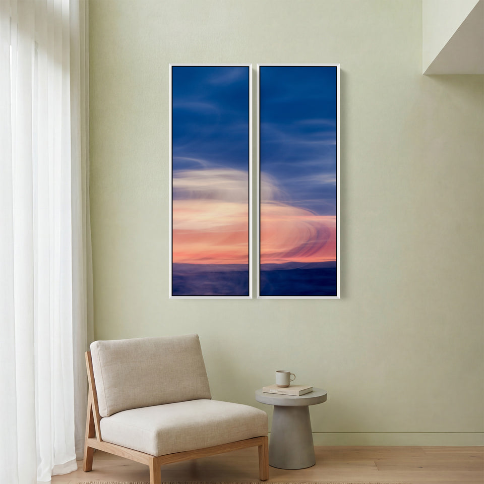 Soft Coastal Horizon Three Panel Wall Art For Dining Room In Blue And Pink