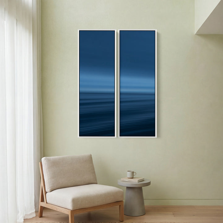 Blue Ocean Horizon Vertical Triptych Wall Art For Kitchen Calm Sea View