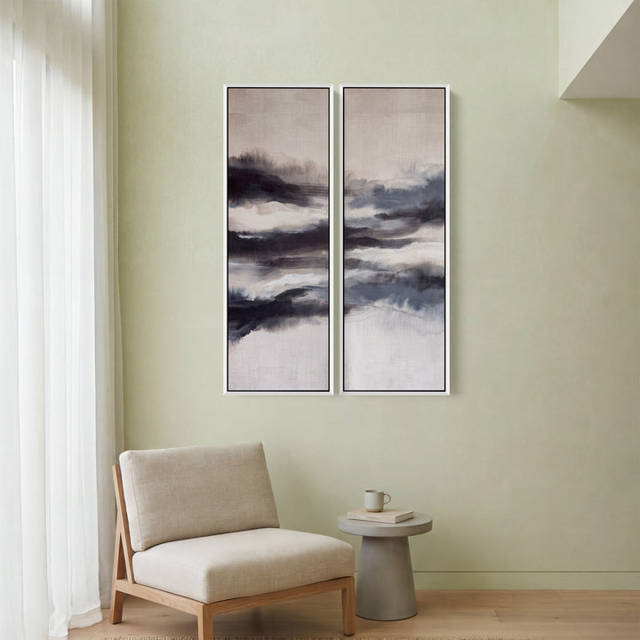 Misty Abstract Diptych Wall Art For Living Room In Black Grey And White