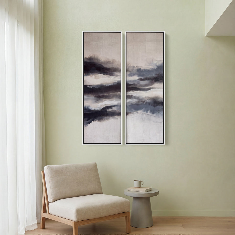 Misty Abstract Diptych Wall Art For Living Room In Black Grey And White
