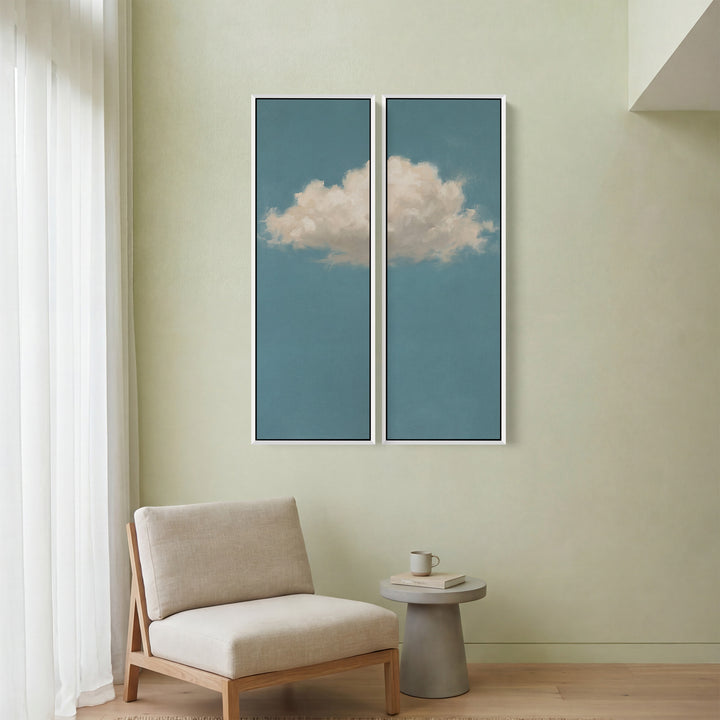 Blue Sky Oversized Diptych Wall Art With Single White Cloud For Bedroom