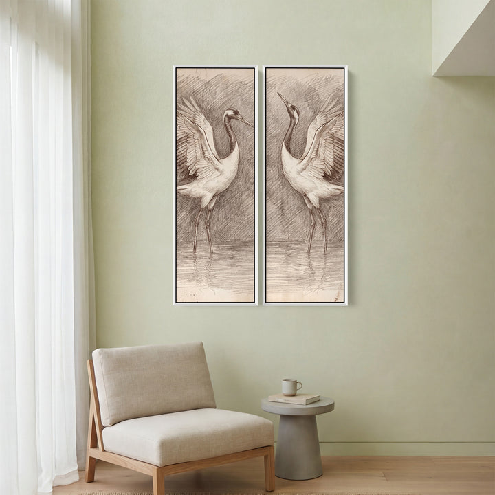 Two Cranes Sketch 2 Piece Wall Art Set In White Brown Grey For Dining Room