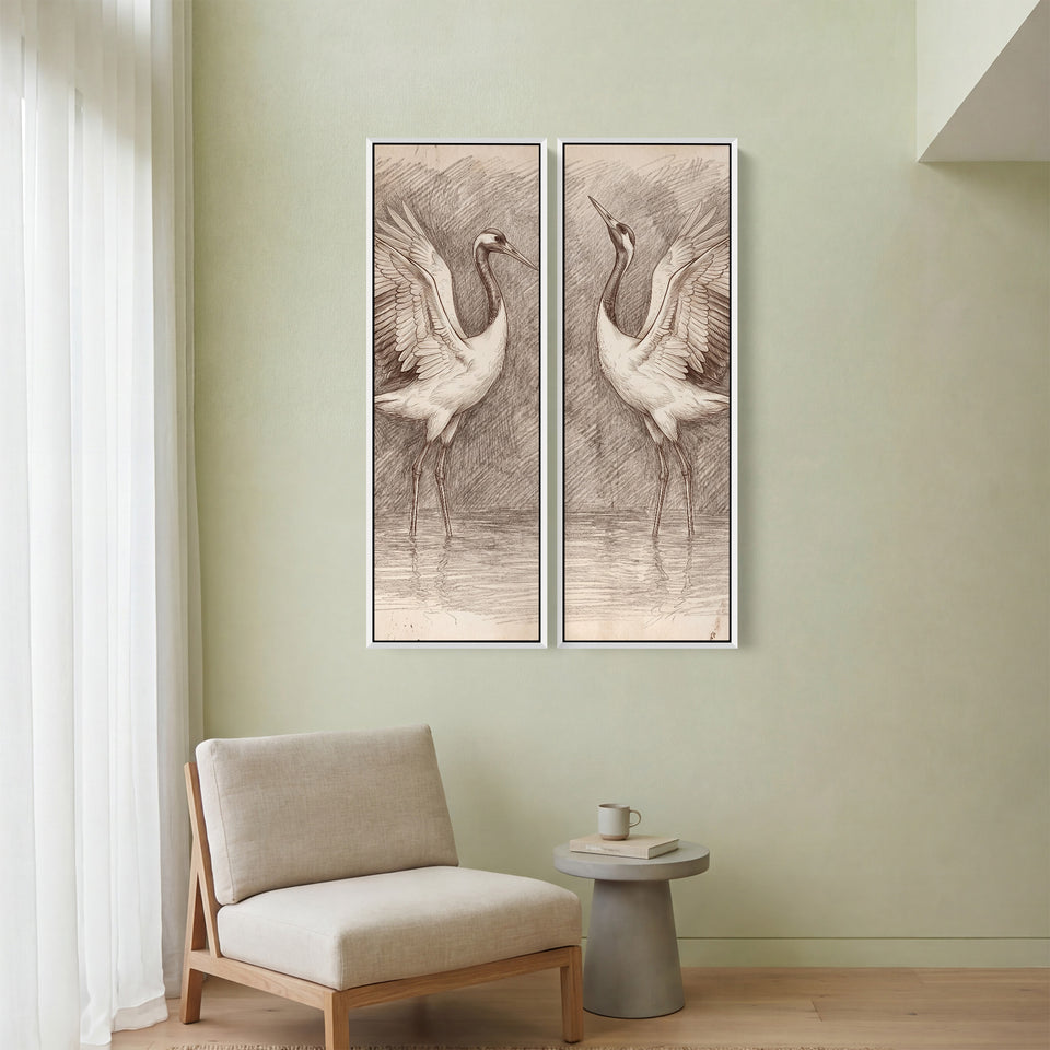 Two Cranes Sketch 2 Piece Wall Art Set In White Brown Grey For Dining Room