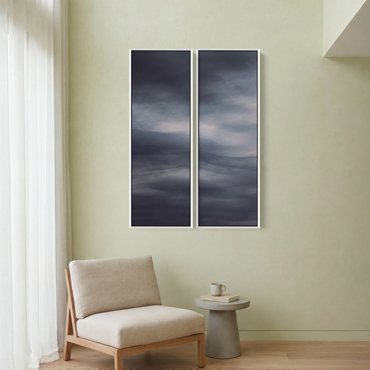 Dark Abstract Storm Clouds Two Panel Wall Art In Grey Black Blue For Office