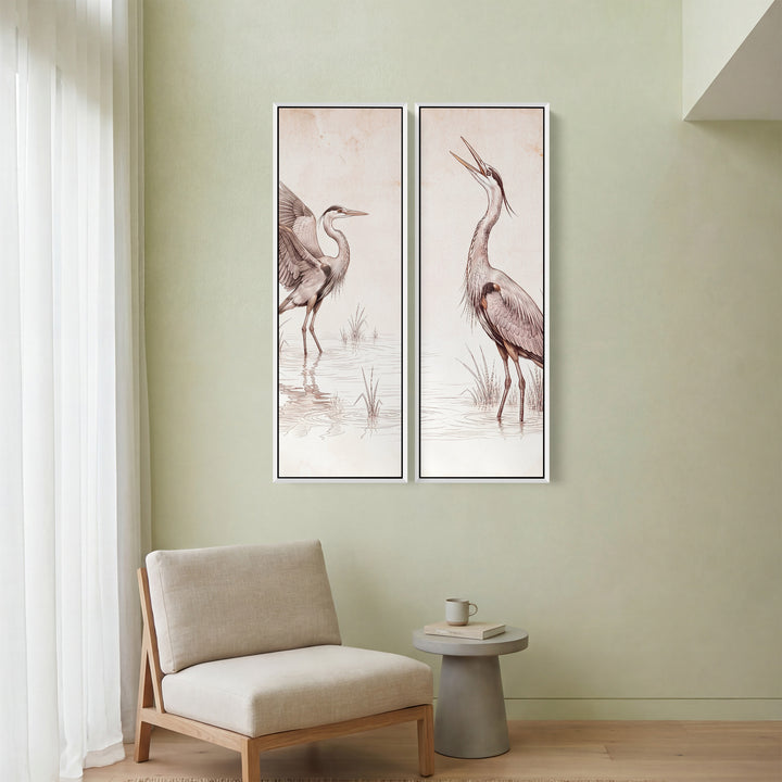 Two Herons In Marsh Vertical Diptych Wall Art For Kitchen In White Brown Grey