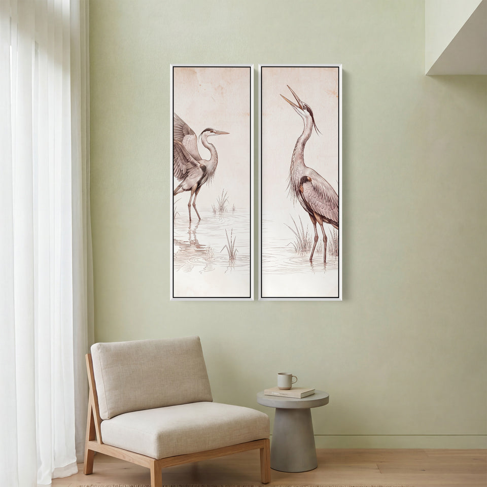 Two Herons In Marsh Vertical Diptych Wall Art For Kitchen In White Brown Grey