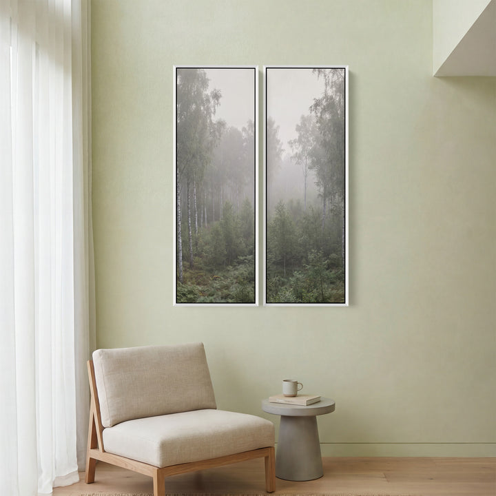 Misty Birch Forest Large Diptych Wall Art In Green White Grey For Bedroom