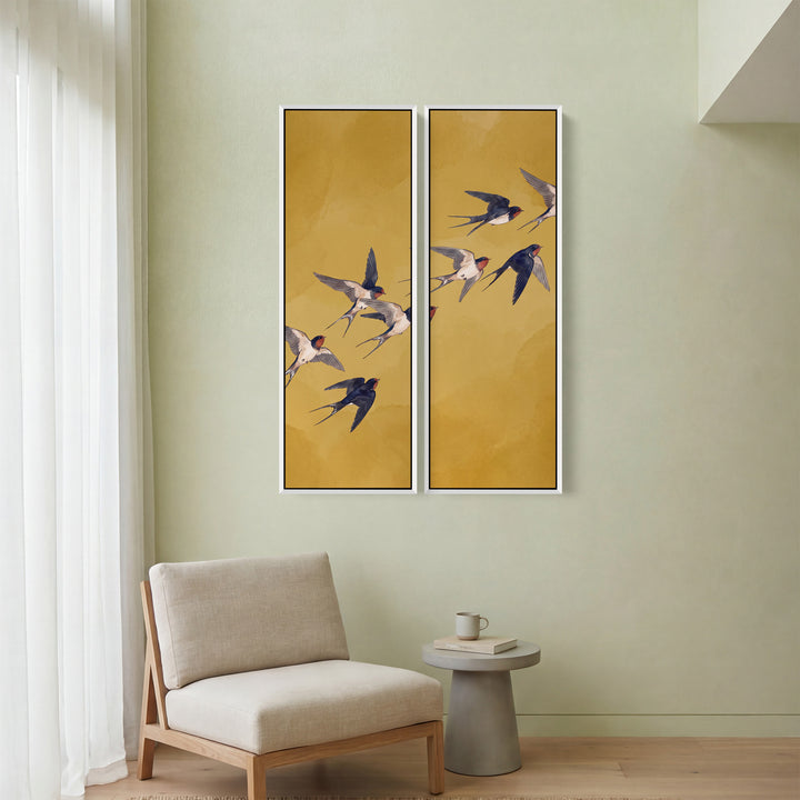 Flying Swallows Oversized Canvas Wall Art Set On Yellow For Hallway