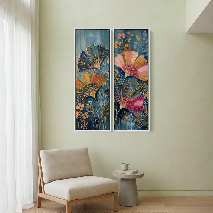 Wall Art Set Of 2 Fan Flowers Outlined In Gold On Deep Blue Dining Room