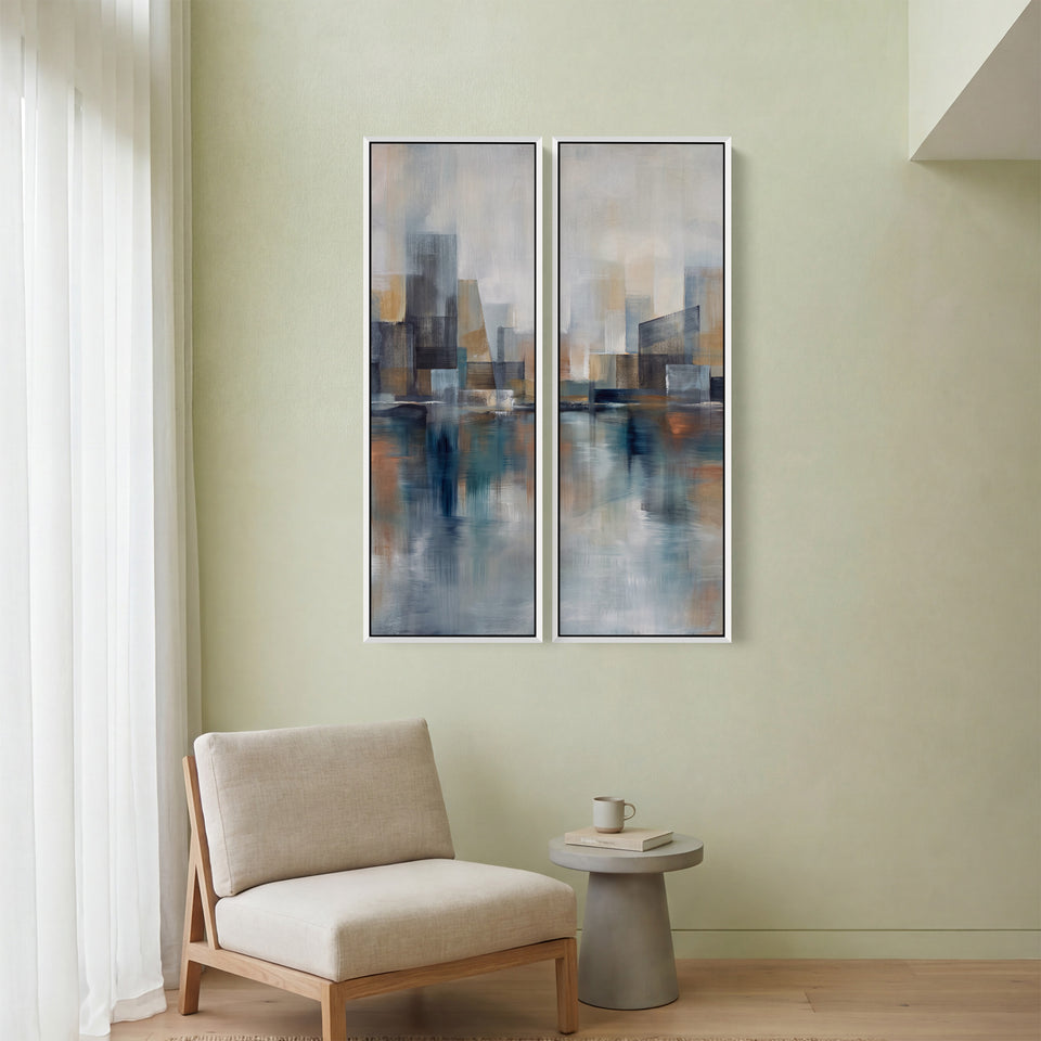 Wanddecoratieset van 2 met stadsbeeld weerspiegeld in water, woonkamer, blauwgrijs